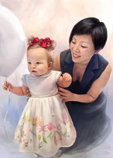 Портрет мамы с ребенком, девушка в черном платье, а девочка в белом и держит в руке воздушный шарик, портрет нарисован в стиле Под масло, художник Анастасия К