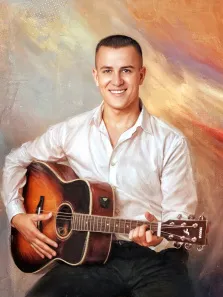 Мужской портрет нарисованный в стиле Под масло. Мужчина с гитарой на абстрактом оранжевом фоне мазками, художник Анна