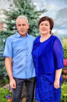 парный портрет нарисованный в стиле Под масло, портрет пары в возрасте , женщина в синем платье, а мужчина в голубой рубашке, художник Александра И