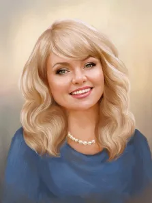 Женский портрет нарисованный в стиле Под масло, женщина с длинными светлыми волосами и в синей кофте, художник Софья У