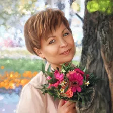 Под масло, художник Александра Женский портрет маслом: зеленоглазая девушка с короткой стрижкой держит в руке букет цветов, на заднем плане природа, художник Александра