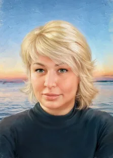 Под масло, художник Анна Портрет светловолосой девушки с зелёными глазами написан маслом на фоне моря, художник Анна