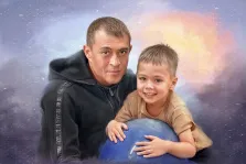 Под масло, художник Анна Портрет отца с сыном в стиле под масло на фиолетовом фоне, художник Анна