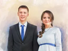 Под масло, художник Анна Портрет счастливых молодожёнов написан маслом на бежевом фоне, художник Анна