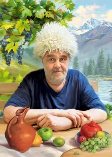 Под масло, художник Татьяна Портрет маслом в подарок мужчине: бородатый мужчина в белой папахе сидит за столом с фруктами, на заднем плане горы и озеро, художник Татьяна
