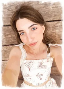 Под масло, художник Анастасия Портрет маслом в подарок красивой девушке; она одета в белое платье с узорами и изображена на фоне деревянных досок, художник Анастасия