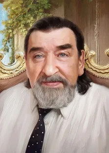 Под масло, художник Анастасия Ко Портрет маслом. Мужчина с седой бородой и длинными тёмными волосами, одетый в белую рубашку и галстук. Он сидит на фоне резного деревянного стула с золотыми элементами. Художник Анастасия Ко