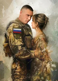 Портрет в стиле маслом, мужчина в военной форме и женщина в светлом платье. Они стоят близко друг к другу, глядя друг другу в глаза, что передает чувство близости и нежности. Фон выполнен в мягких, размытых тонах, создавая атмосферу тепла и уюта. Художник Павел Д