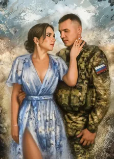 Под масло, художник Павел Д Портрет в стиле маслом, женщина в голубом платье нежно касается лица мужчины в военной форме. Их взгляды полны любви и надежды, что подчеркивает эмоциональную связь между ними. Фон выполнен в абстрактных тонах, создавая атмосферу спокойствия и единства. Художник Павел Д