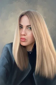 Под масло, художник Софья У Портрет в стиле маслом, молодая женщина с длинными светлыми волосами, которые мягко обрамляют её лицо. Её взгляд направлен прямо на зрителя, создавая ощущение близости и искренности. Фон выполнен в нейтральных тонах, что подчёркивает её образ и добавляет картине утончённости. Художник Софья У