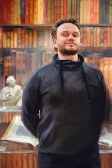 Под масло, художник Александра И Портрет в стиле маслом, мужчина в чёрной толстовке с капюшоном, стоящий в библиотеке. На заднем плане видны книжные полки с книгами и бюст, что создаёт атмосферу уюта и интеллектуальности. Картина выполнена в стиле, напоминающем живопись, с мягкими мазками и тёплыми оттенками. Художник Александра И