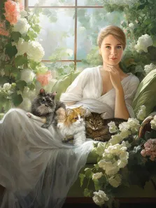 Портрет девушки В образе статной дамы с котами на коленях, портрет нарисованный в стиле под масло в цифровом виде и напечатанный на холсте, художник Анастасия К