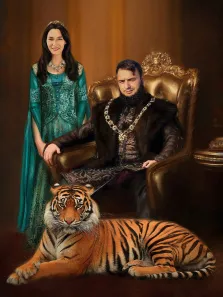 Парный портрет В образе султана и его жены, исторический образ, женщина в зеленом платье стоит рядом с мужчиной на троне и в ногах у них лежит тигр , художник Павел Д