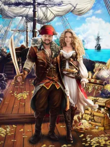 Парный портрет мужчины и женщины В образе пиратов на корабле, парусник и на борту сундуки золота, сокровища пиратов,   художник Павел Д