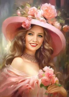 Портрет девушки В образе статной женщины в нежном розовом платье и в розовой шляпе, портрет в стиле под масло, мазки кистью, художник Анастасия К