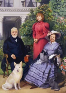 Семейный портрет двух женщин мужчины В образе, Рядом с мужчиной сидит белый пёс, а рядом с женщиной три кота, художник Антонина