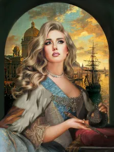 Портрет девушки В образе королевы, Девушка сидит перед окном и держит скипетр, в окне изображен собор и корабль  художник Антонина