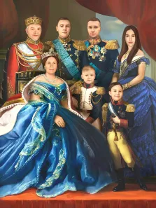 Семейный портрет в образе царской семьи 19 века. Вся семья в царской одежде, художник Антонина