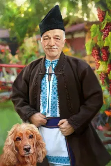 Портрет мужчины отрисованный В образе молдаванина. Мужчина изображен в национальном костюме Молдовы и рядом стоит собака, спаниель, художник Анастасия К