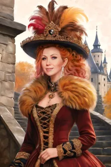 Женский портрет отрисованный В образе королевы , женщина в красном платье с мехом  и на голове у нее шляпка с перьями, художник Антонина