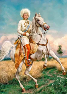 Мужской портрет нарисованный В образе казака. Мужчина сидит на белом коне , художник Павел Д