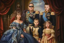 Портрет в образе, семья в роскошных нарядах, напоминающих королевскую или военную тематику. Женщина сидит в элегантном голубом платье, а мужчины и дети одеты в парадные мундиры с золотыми эполетами и орденами. Художник Антонина