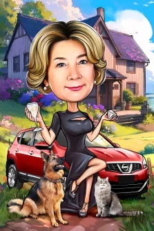 Портрет женщины в стиле Шарж, Бизнес леди на фоне загородного дома и красной машины, рядом на траве сидят собака и кот, художник Александра Р