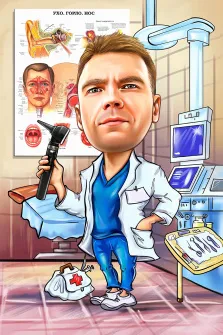 Мужской Шарж, врач стоит в своем кабинете, с медицинским инструментом в руках. На стене весит плакат "ухо, горло, нос" , художник Александра Р