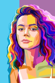 Портрет, wpap, художник Александра Р, светловолосая красивая девушка выполненная из разноцветных полигонов, на ярком фоне