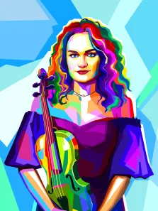 Портрет девушки в стиле Wpap; Девушка держит в руках скрипку, портрет выполнен в различных светлых тонах, художник Александра 