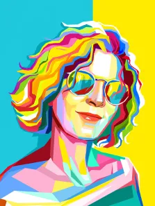 Wpap портрет улыбающейся девушки в солнцезащитных очках, задний фон выполнен в голубом и жёлтом цветах, художник Александра 