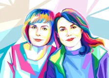 Портрет двух девушек в стиле Wpap выполнен в разных цветах на светлом фоне, художник Александра 