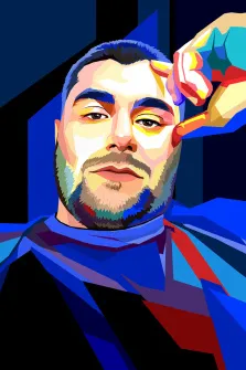 Портрет в стиле Wpap,  мужчина, сидящий в парикмахерском кресле, с бородой и короткой стрижкой. Его лицо выполнено в ярких цветах, подчёркивающих черты, а фон состоит из геометрических форм и насыщенных оттенков синего и чёрного. Художник Александра Р