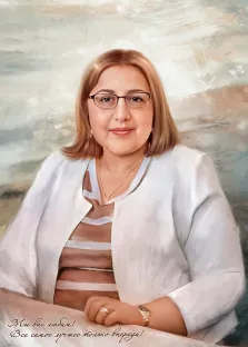 Женский портрет учителя нарисованный в стиле под масло, подарок учителю, женщина в очках  сидит за столом  , художник Анна