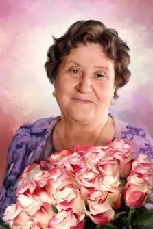 Женский портрет в стиле под масло,  женщина с цветами на абстрактом фоне, художник Лариса