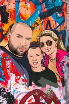 Семейный портрет в стиле граффити. На картине изображён семейный портрет: мужчина с бородой, подросток в кепке и женщина в солнечных очках позируют на фоне яркого граффити. Фон насыщен контрастными цветами — оранжевым, синим, чёрным и розовым, что придаёт работе динамичность и урбанистическую атмосферу. Художник Александра