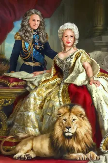 Семейный портрет в образе. На картине изображены мужчина в парадном военном мундире с орденами и женщина в роскошном золотом платье с меховой отделкой, сидящая на троне. У их ног величественно расположился лев, а фон украшен тяжёлыми драпировками и колоннами, создающими атмосферу царственной торжественности. Художник Анастасия К