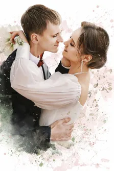 Парный портрет в стиле бьюти. На портрете в стиле дрим-арт изображена влюблённая пара: жених в классическом костюме с красным галстуком нежно обнимает невесту в элегантном белом платье, их лица почти соприкасаются, а взгляды полны нежности. Фон украшен акварельными брызгами в пастельных тонах, что придаёт композиции лёгкость и романтическую атмосферу. Художник: Юлия