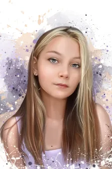 Женский портрет в стиле бьюти. На портрете изображена девушка с длинными светлыми волосами и выразительными голубыми глазами, одетая в светлую одежду; её лицо спокойно, взгляд направлен прямо на зрителя. Фон выполнен в абстрактной технике с размытыми пятнами и брызгами в пастельных оттенках фиолетового, бежевого и белого, что придаёт изображению лёгкую мечтательную атмосферу. Художник: Ульяна