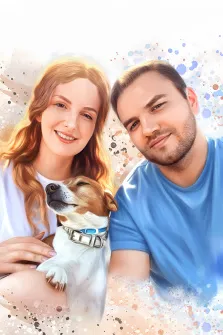 Парный портрет в стиле бьюти. На картине изображены улыбающиеся мужчина и женщина, позирующие вместе с довольным псом на руках у девушки. Фон выполнен в мягких пастельных тонах с абстрактными брызгами краски, создающими лёгкую и радостную атмосферу. Художник Артём