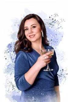 Женский портрет в стиле бьюти. На картине изображён портрет улыбающейся женщины в блестящем синем платье, держащей в руке бокал с напитком. Фон выполнен в стиле «дрим-арт» с абстрактными акварельными пятнами в голубых и серых тонах, создающими лёгкую, воздушную атмосферу. Художник Артём