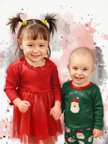 Детский портрет в стиле бьюти арт. На портрете изображены двое детей — девочка в ярко-красном платье с рюшами, с двумя хвостиками, украшенными жёлтыми заколками, и мальчик в зелёной пижаме. Дети держатся за руки, улыбаются и выглядят очень счастливыми на фоне акварельных разводов в розовых и серых тонах. Художник: Анна