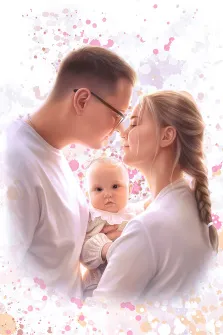 Семейный портрет в стиле бьюти. Алиса
На портрете изображена счастливая семья: мужчина в очках и белой футболке, женщина с длинной косой в светлом наряде и младенец в нарядном комбинезоне с рюшами, которого держат на руках. Фон выполнен в нежных пастельных тонах с россыпью акварельных пятен, создающих лёгкую, радостную атмосферу. Художник: Артём