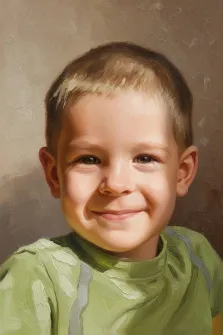 Детский портрет в стиле под масло. На картине изображён улыбающийся мальчик с короткими светлыми волосами, одетый в зелёную футболку с серыми полосками. Его лицо наполнено радостью, а мягкий нейтральный фон подчёркивает теплоту и непосредственность детского образа. Художник Александра