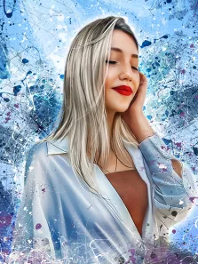 Женский портрет в стиле дрим арт. На портрете изображена молодая женщина с длинными светлыми волосами и ярко-красной помадой, одетая в светлую блузу; она слегка наклонила голову и нежно касается лица рукой. Фон выполнен в абстрактной манере с брызгами краски синих, белых и фиолетовых оттенков, создающими динамичную и художественную атмосферу. Художник: Юлия