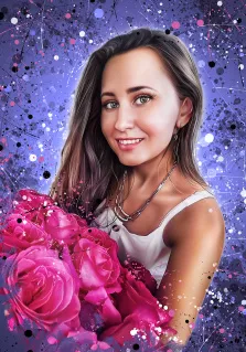 Женский портрет в стиле дрим арт. На портрете изображена улыбающаяся молодая женщина с длинными светло-каштановыми волосами, в белой майке и с изящным ожерельем; она держит в руках пышный букет ярко-розовых роз. Фон выполнен в насыщенных фиолетовых тонах с абстрактными брызгами и линиями розового, белого и чёрного цветов, что придаёт изображению динамичность и художественную выразительность. Художник: Юлия