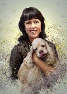 Женский портрет в стиле дрим арт. На портрете изображена улыбающаяся женщина с тёмными волосами и аккуратной чёлкой, одетая в тёмную блузу и украшенная бусами; она нежно держит на руках светлого спаниеля с длинными волнистыми ушами. Фон выполнен в мягких пастельных тонах с абстрактными мазками и брызгами краски, создающими лёгкую и жизнерадостную атмосферу. Художник: Юлия