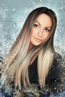 Женский портрет в стиле дрим арт. На портрете изображена молодая женщина с длинными прямыми волосами, плавно переходящими от тёмно-русого у корней к светлому блонду на концах; её взгляд мягкий, с лёгкой полуулыбкой, а черты лица проработаны с особой деликатностью. Фон выполнен в абстрактной технике с брызгами и мазками в холодных голубых и белых тонах, что создаёт вокруг образа атмосферу лёгкости и мечтательности. Художник: Юлия