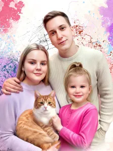 Семейный портрет в стиле дрим арт. Мужчина в светлом свитере, женщина в светло-лиловом свитере с рыже-белым котом на руках и маленькая девочка в ярко-розовой кофте стоят вместе, улыбаясь. Фон выполнен в абстрактной технике с разноцветными брызгами краски — преобладают розовые, фиолетовые, голубые и белые оттенки, создающие жизнерадостную и тёплую атмосферу. Художник Артём