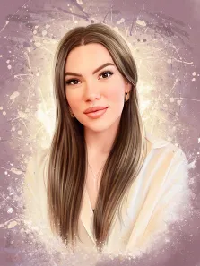 Женский портрет в стиле дрим арт. На картине изображён портрет молодой женщины с длинными прямыми светло-каштановыми волосами; она одета в светлую блузку, украшена изящными серьгами и тонкой цепочкой на шее. Фон выполнен в стиле «дрим-арт» — с абстрактными фиолетово-белыми брызгами, создающими лёгкую, мечтательную атмосферу. Художник Анастасия